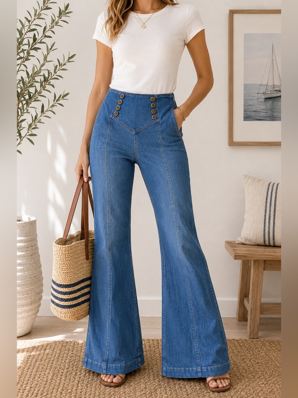 Pilcro Anthropologie Sailor Flare Jeans Size 27 Blue High Rise Wide Leg Denim